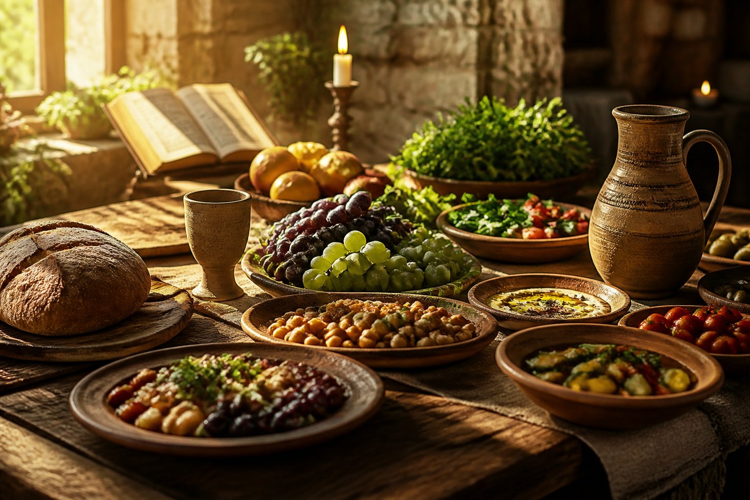 Mesa de madeira com alimentos variados e frescos, uma bíblia aberta ao fundo e velas acesas, simbolizando nutrição espiritual e comunhão.
