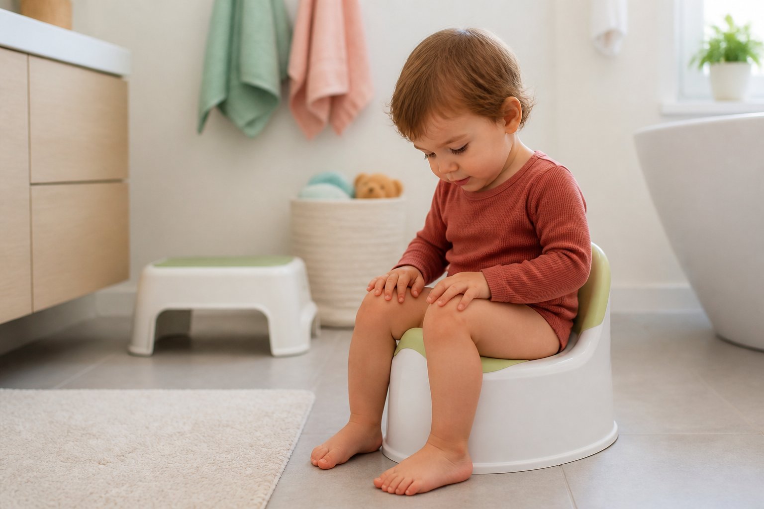 Criança sentada em um penico em um banheiro claro e limpo, com expressão calma.