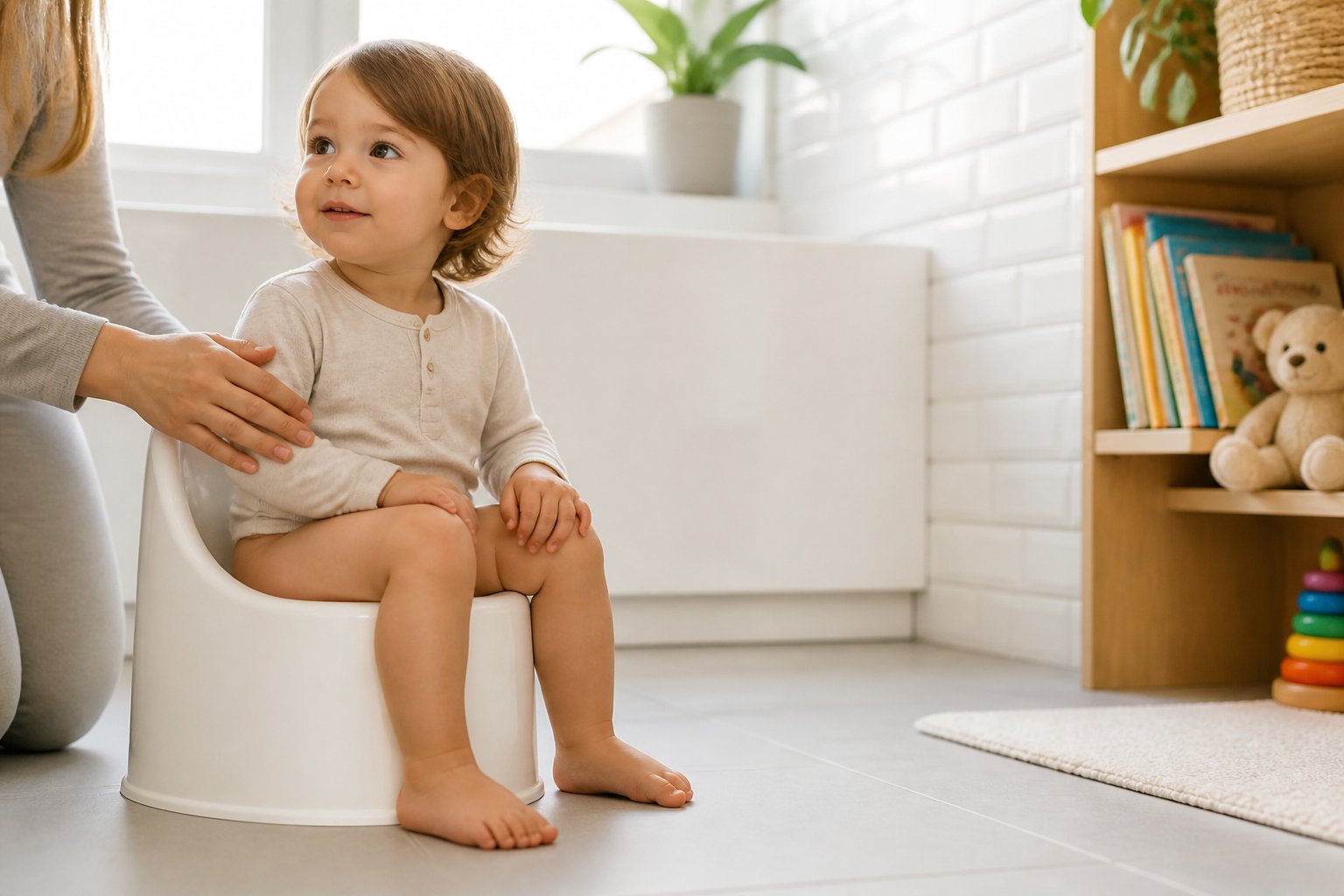Criança pequena sentada em um penico dentro de um banheiro iluminado, com expressão calma e ambiente acolhedor.