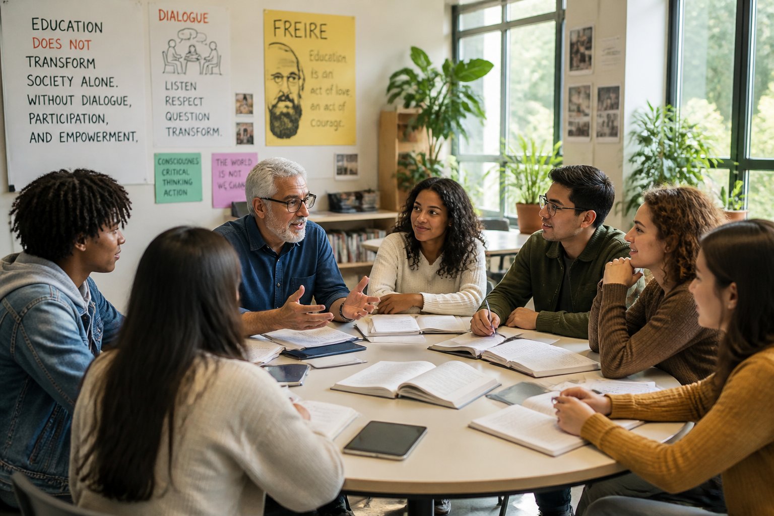 Grupo diverso de educadores e estudantes sentados em círculo, discutindo e colaborando em uma sala de aula iluminada e acolhedora.