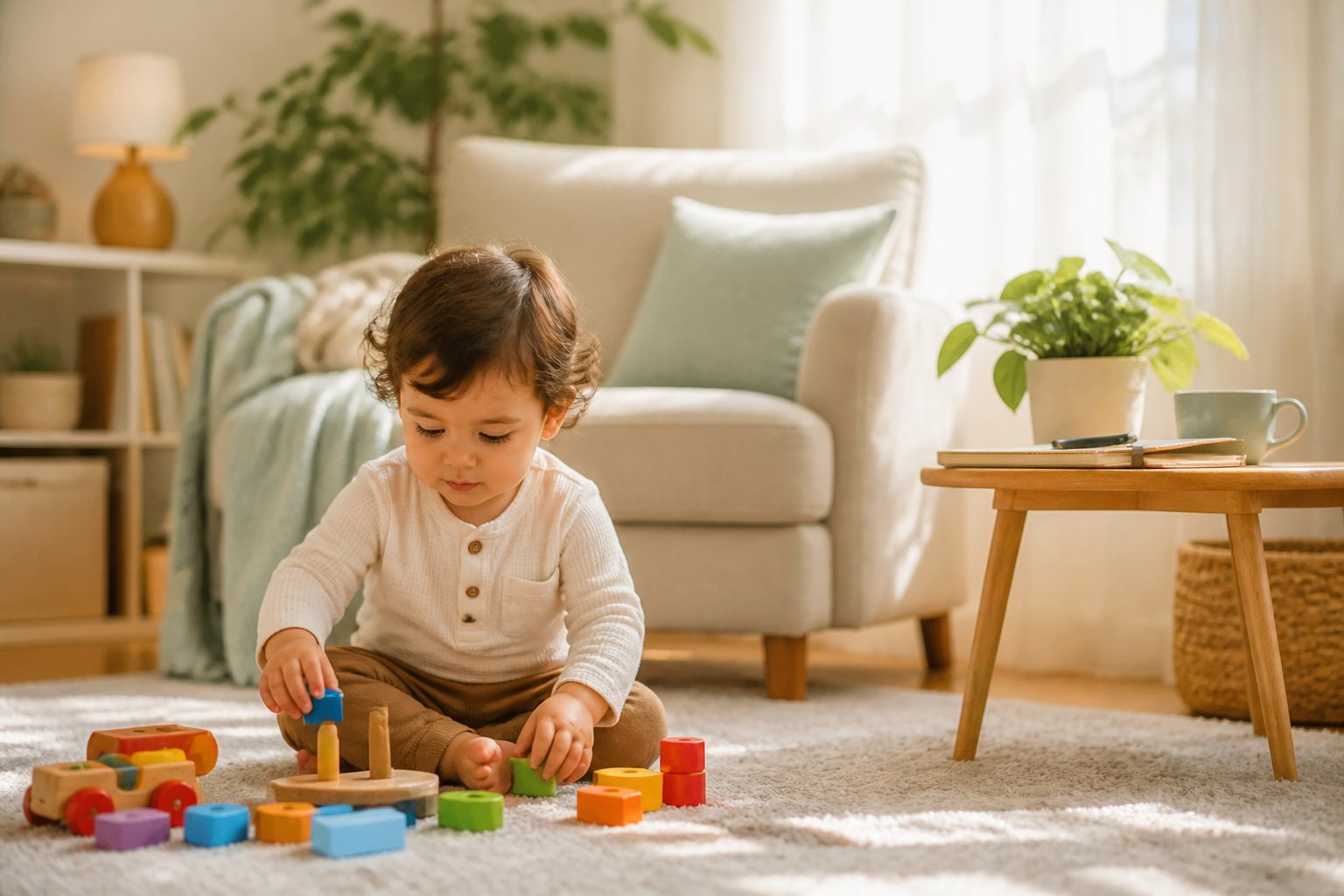 Criança pequena brincando em um tapete em uma sala aconchegante e iluminada, transmitindo sensação de renovação e tranquilidade.