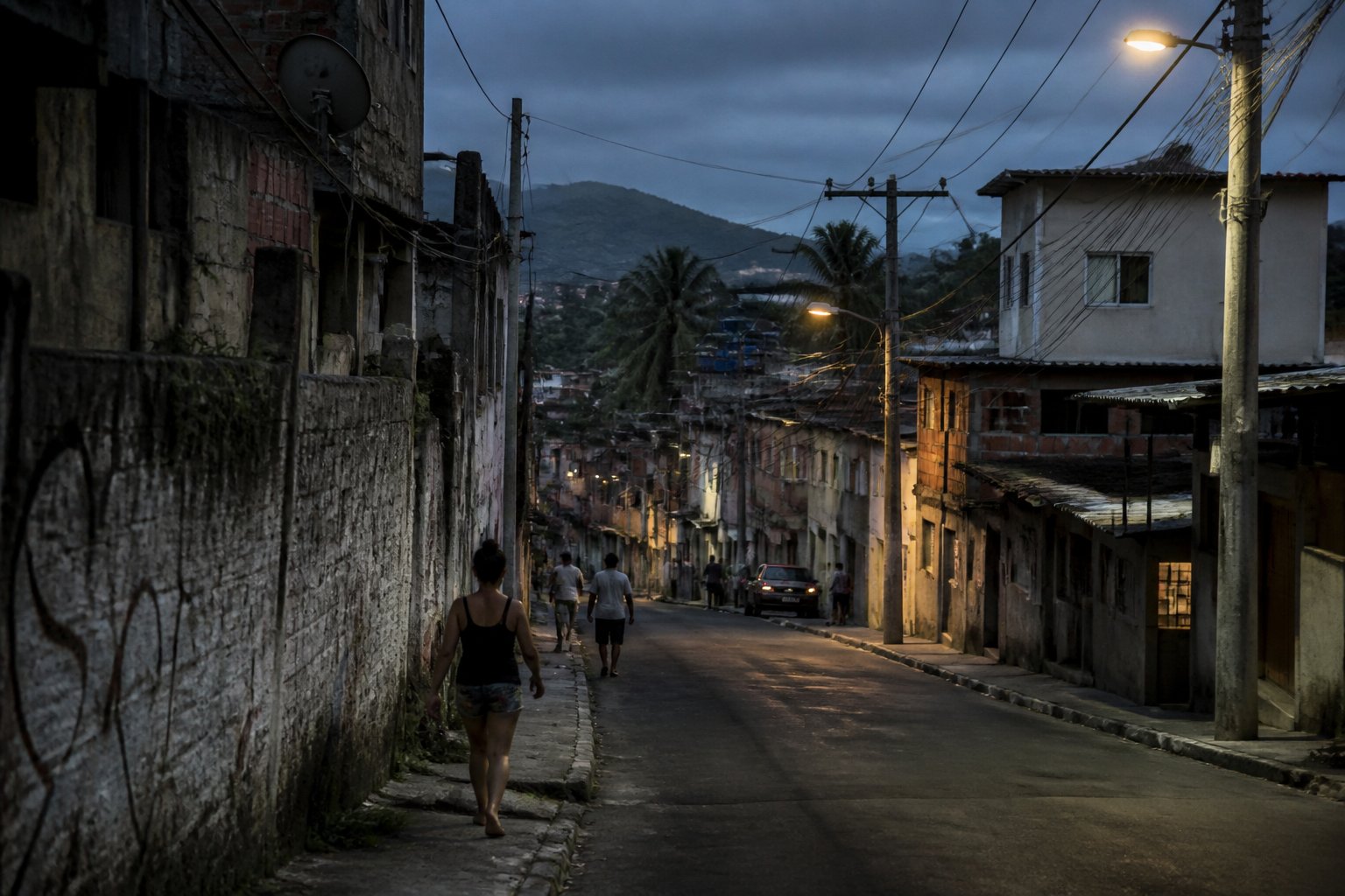 Rua estreita em um bairro residencial de Cabo Frio com casas simples, poucas pessoas andando e iluminação fraca ao entardecer.