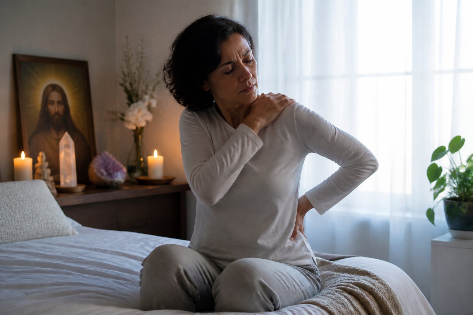 Pessoa sentada na beira da cama pela manhã, com expressão de desconforto, massageando os ombros, em um quarto com elementos espirituais ao fundo.