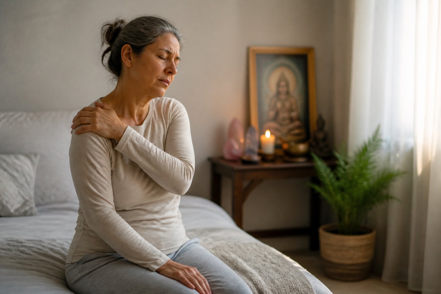 Pessoa sentada na beira da cama pela manhã, massageando o ombro com expressão tranquila, em um quarto iluminado pela luz natural com elementos espirituais ao fundo.