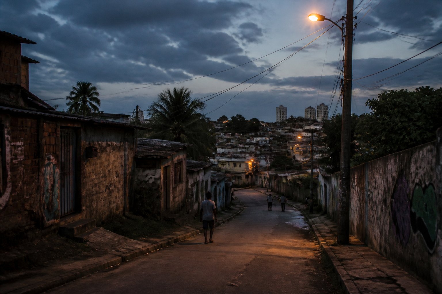 Rua escura e mal iluminada em um bairro degradado de João Pessoa, com prédios antigos, paredes pichadas e poucas pessoas caminhando com cautela.