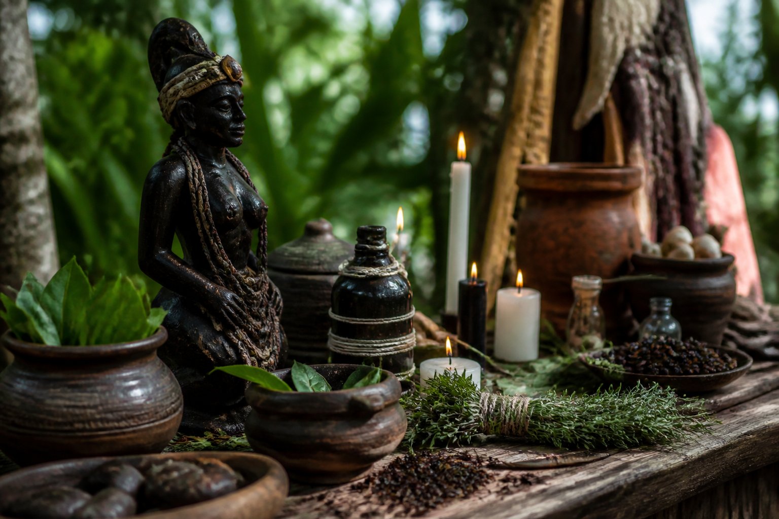 Mesa rústica ao ar livre com velas, ervas e objetos simbólicos usados em rituais tradicionais, com pequenos insetos visíveis próximos, em um ambiente natural com árvores ao fundo.