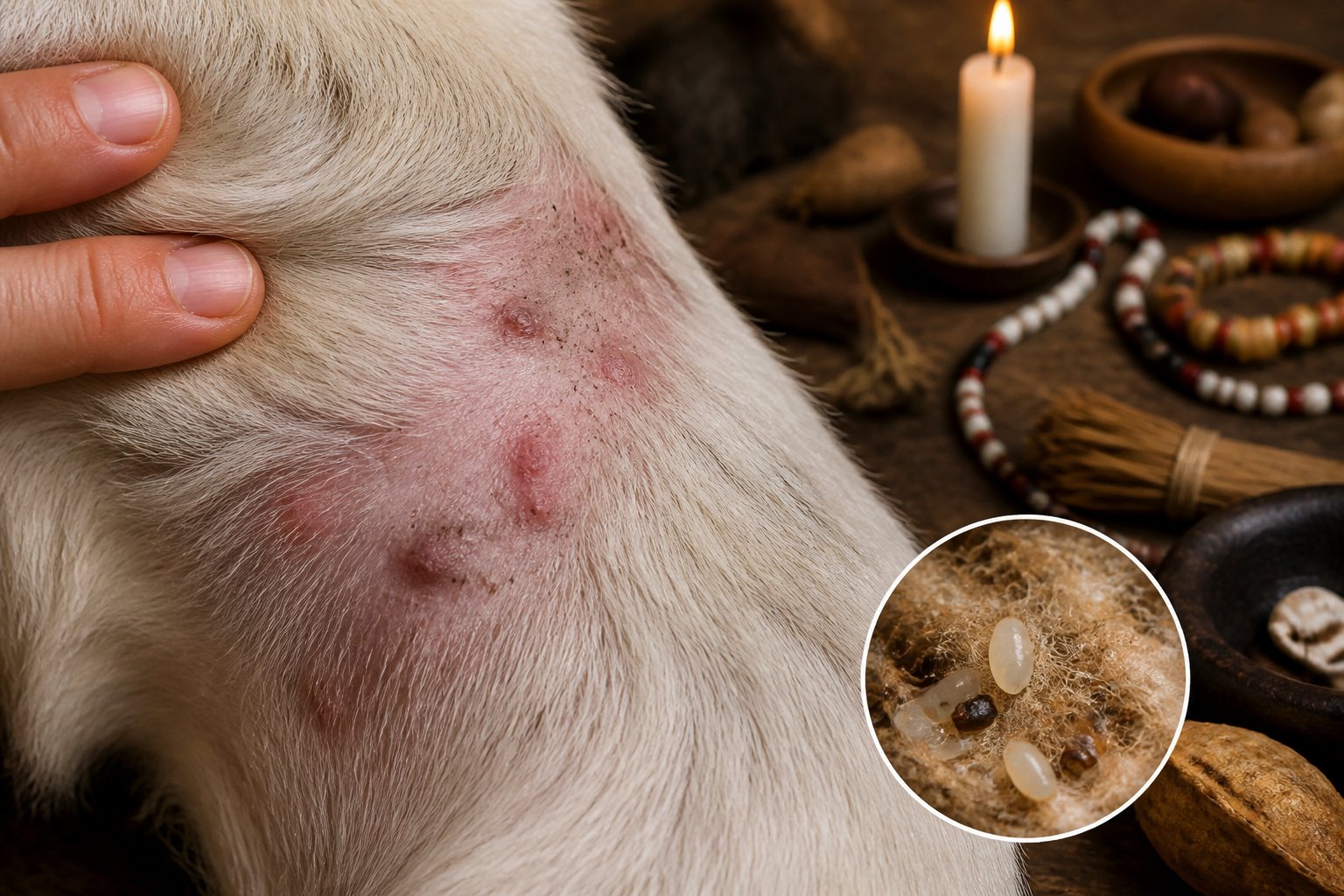 Close-up de sinais físicos de infestação de pulgas na pele de um animal, com objetos tradicionais de macumba ao fundo.