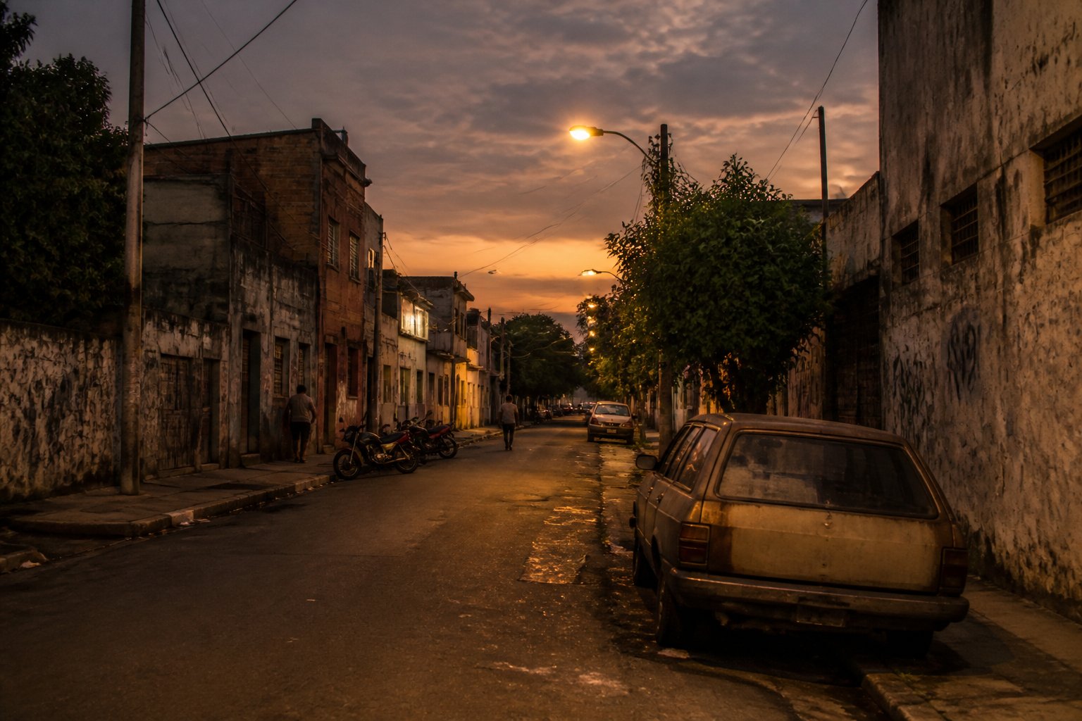 Rua escura e estreita em um bairro de Campinas com prédios desgastados, pessoas caminhando com cuidado e veículos estacionados.