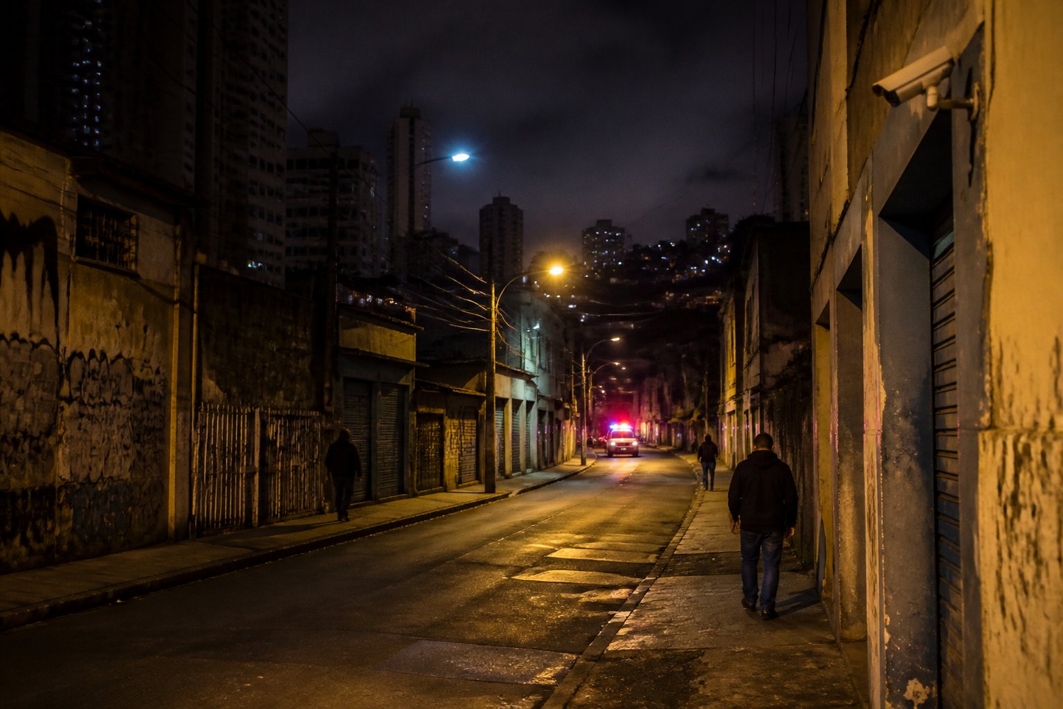 Rua escura e pouco iluminada em um bairro de Campinas, com prédios residenciais e comerciais, pessoas caminhando com cautela e uma viatura policial ao fundo.