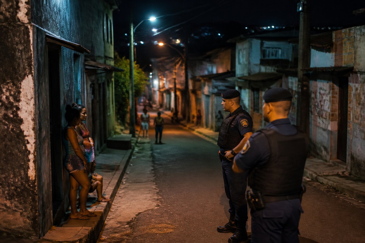 Rua escura em bairro crítico de Piracicaba com policiais patrulhando e prédios desgastados ao redor.