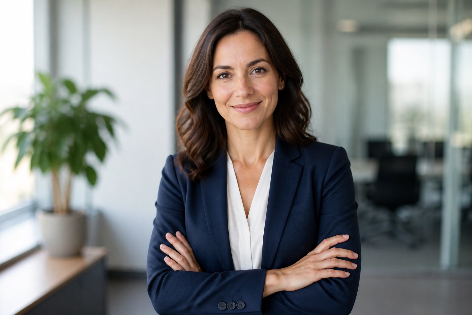 Mulher sorridente vestindo blazer azul marinho e blusa branca, em um escritório moderno.