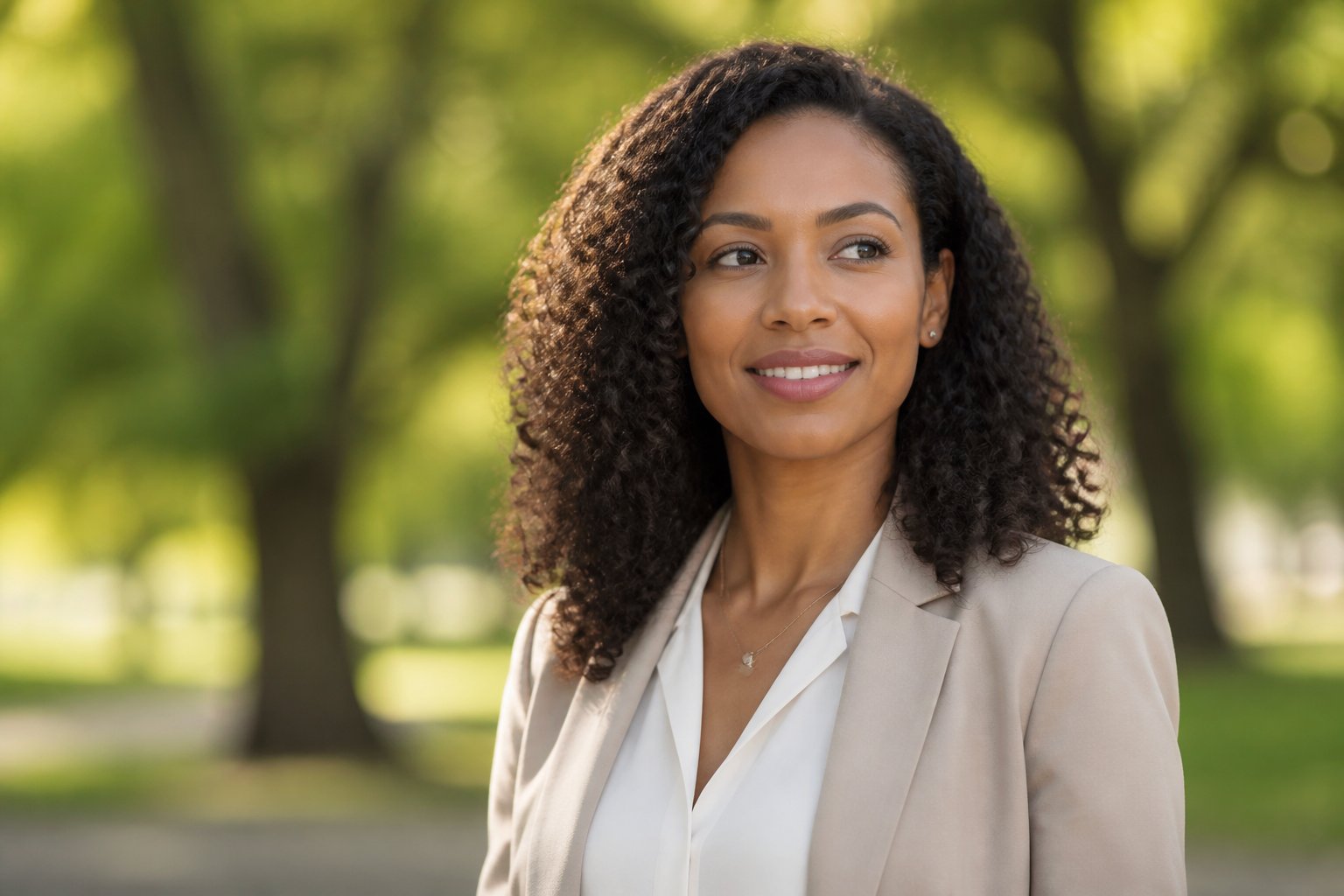 Mulher jovem com cabelo cacheado e pele morena sorrindo em um ambiente ao ar livre com vegetação ao fundo.