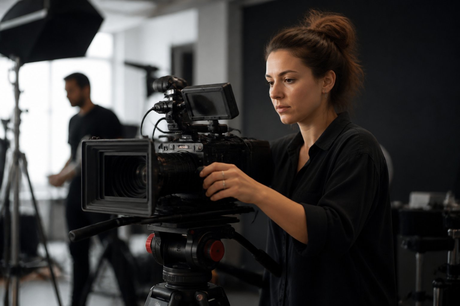 Mulher filmando com câmera profissional em um estúdio de gravação.