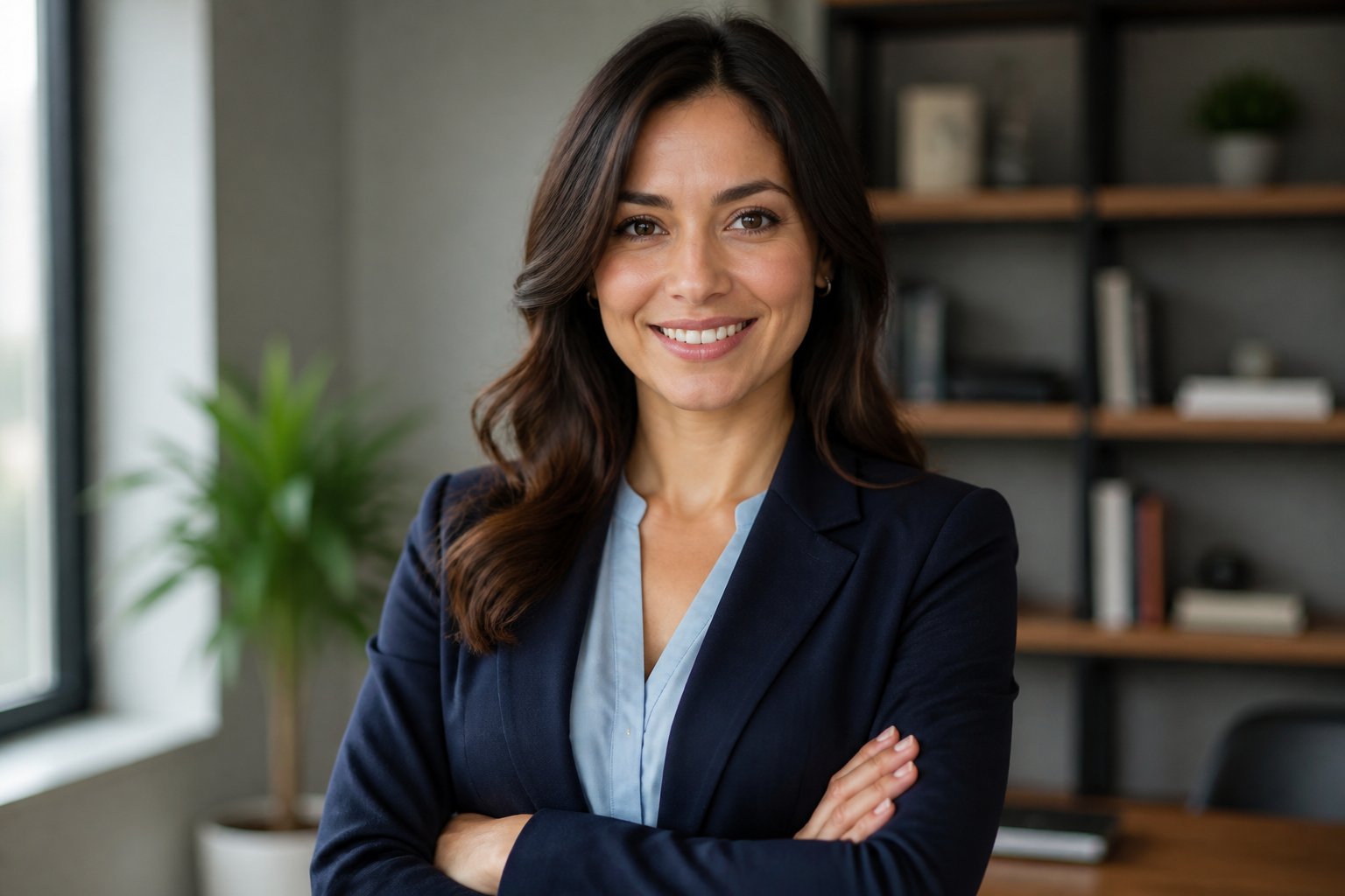 Mulher sorridente em ambiente de escritório moderno, vestindo roupa social casual.