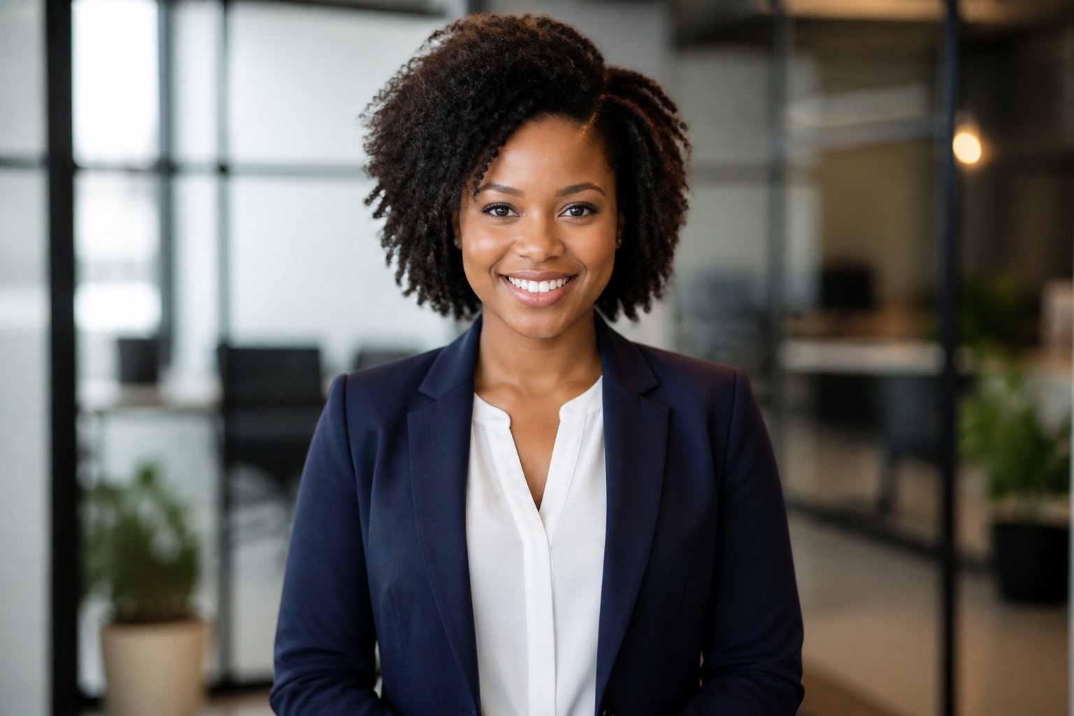Mulher negra jovem com cabelo cacheado, vestindo blazer azul em ambiente de escritório moderno.