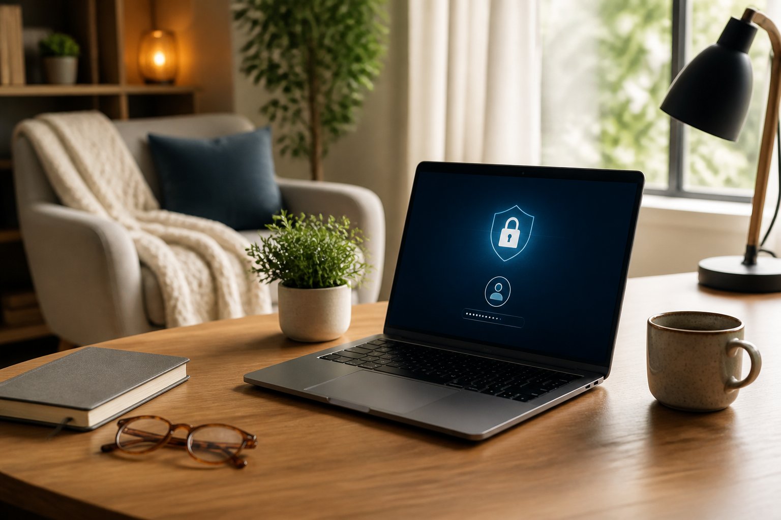Um ambiente de escritório em casa aconchegante com uma mesa organizada, laptop, planta e cadeira confortável, transmitindo segurança e tranquilidade.