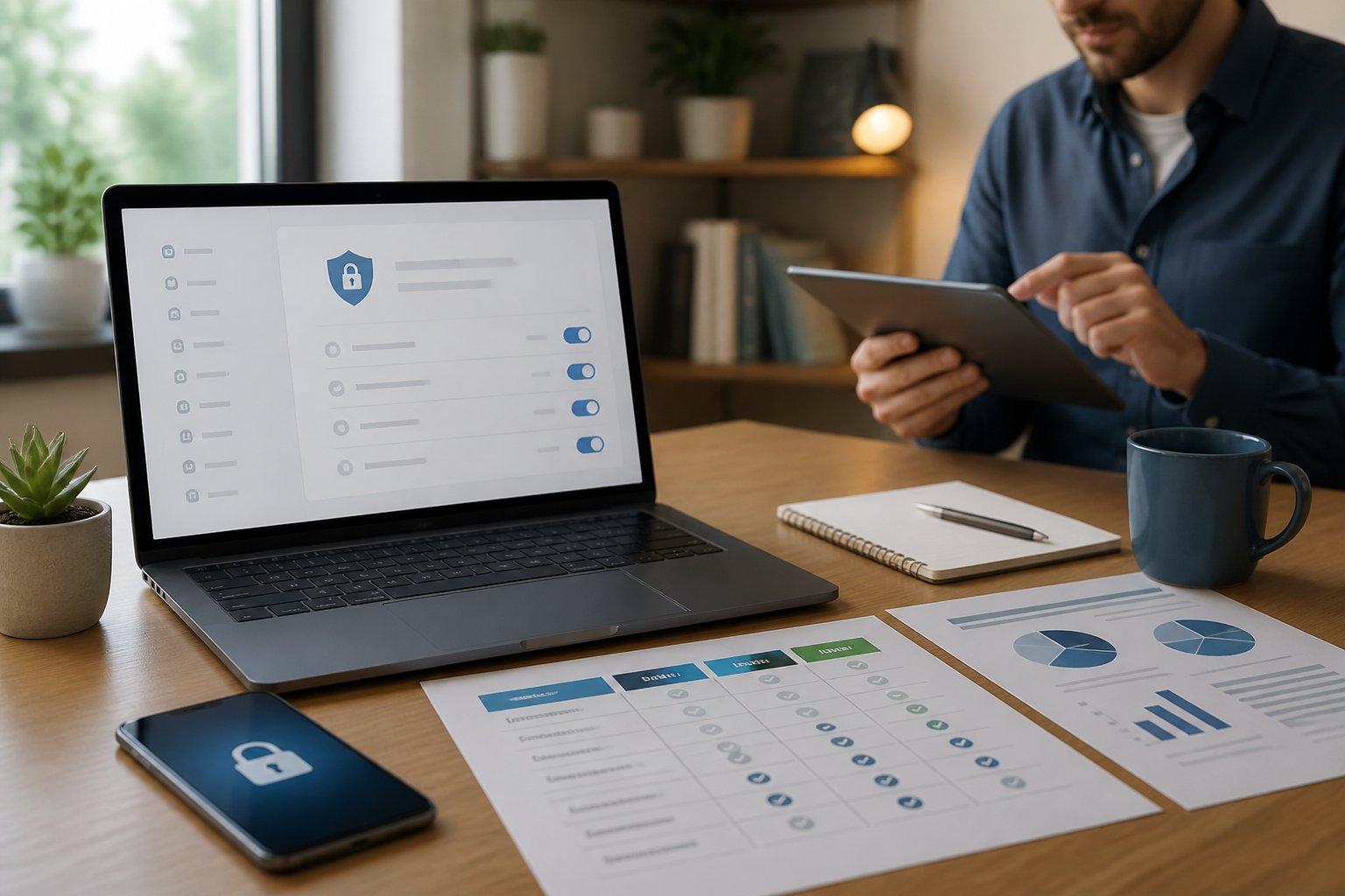 Pessoa analisando dados em um tablet em uma mesa organizada com laptop, smartphone e documentos sobre ofertas e privacidade.