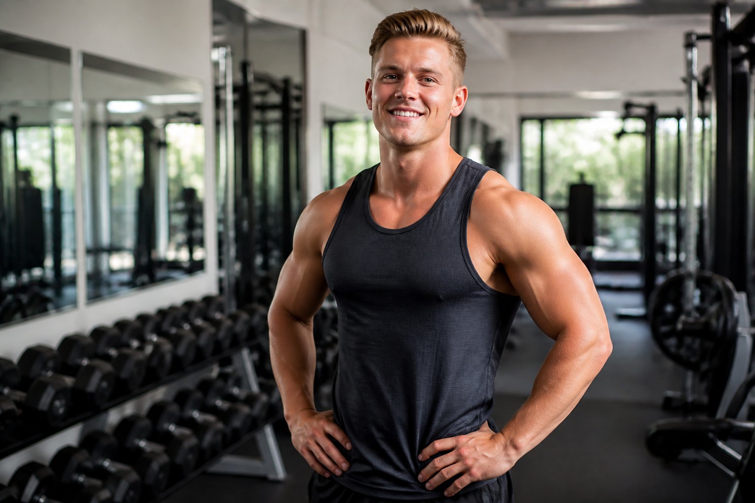 Homem jovem e musculoso em uma academia moderna, vestindo roupa esportiva, posando com confiança.