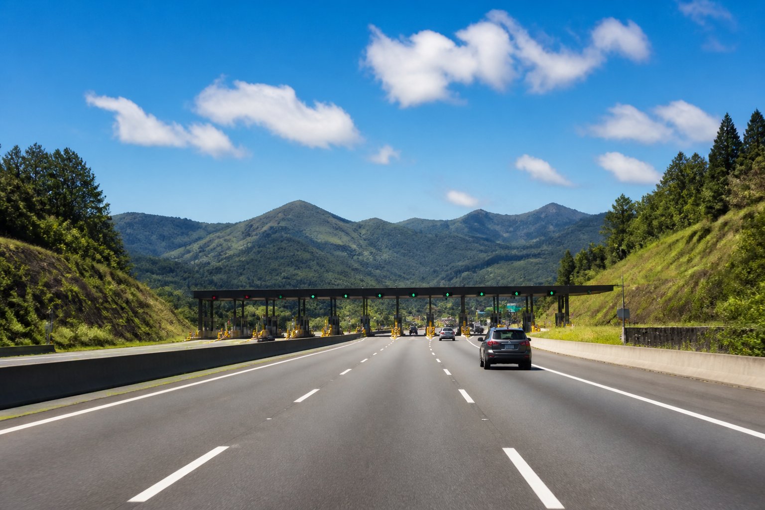 Rodovia entre São Paulo e Campos do Jordão com pedágios, veículos na estrada e paisagem montanhosa ao fundo.