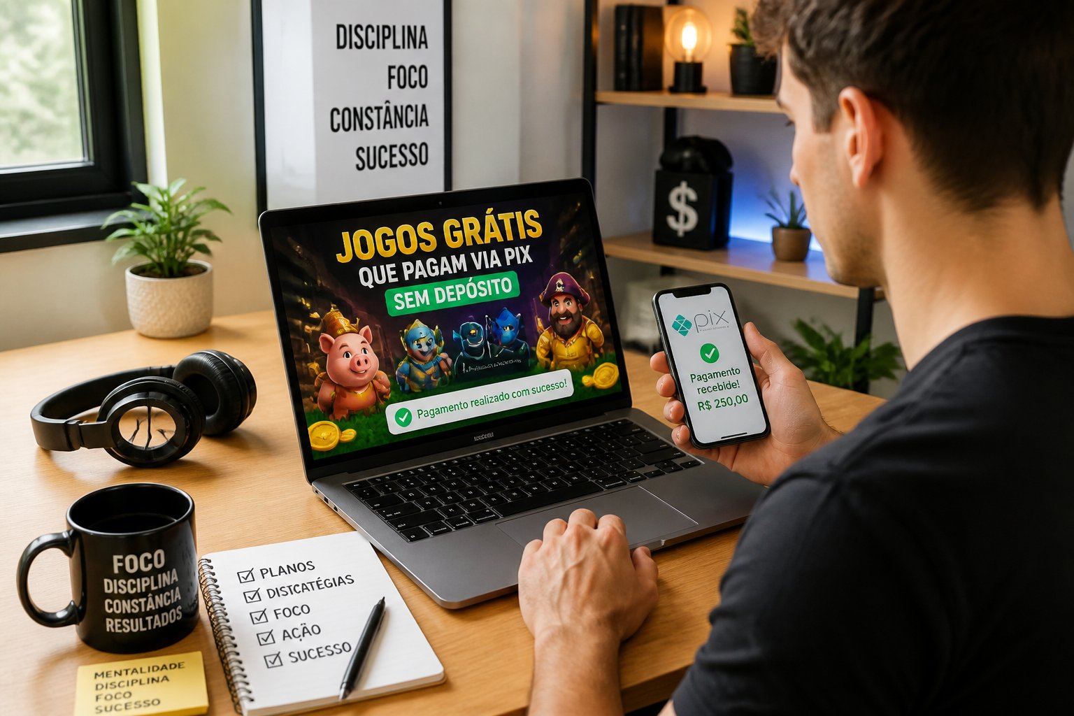 Pessoa jovem usando laptop e smartphone em uma mesa moderna, mostrando jogos online e pagamentos via Pix.