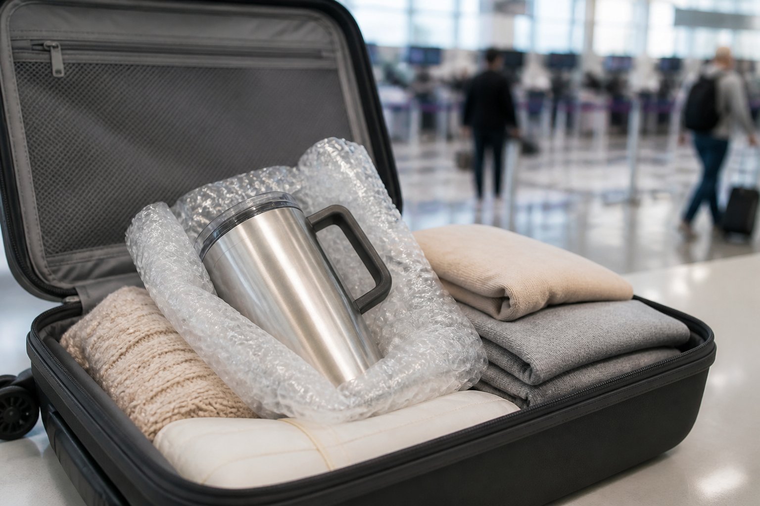 Mala de mão aberta com um copo Stanley de aço inoxidável protegido por materiais de embalagem, em um ambiente de aeroporto.