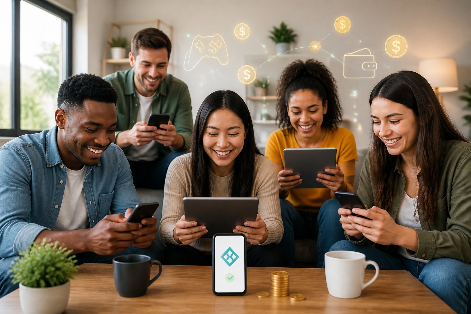 Grupo de jovens usando smartphones e tablets em uma sala moderna, interagindo e sorrindo enquanto jogam e fazem transações digitais.
