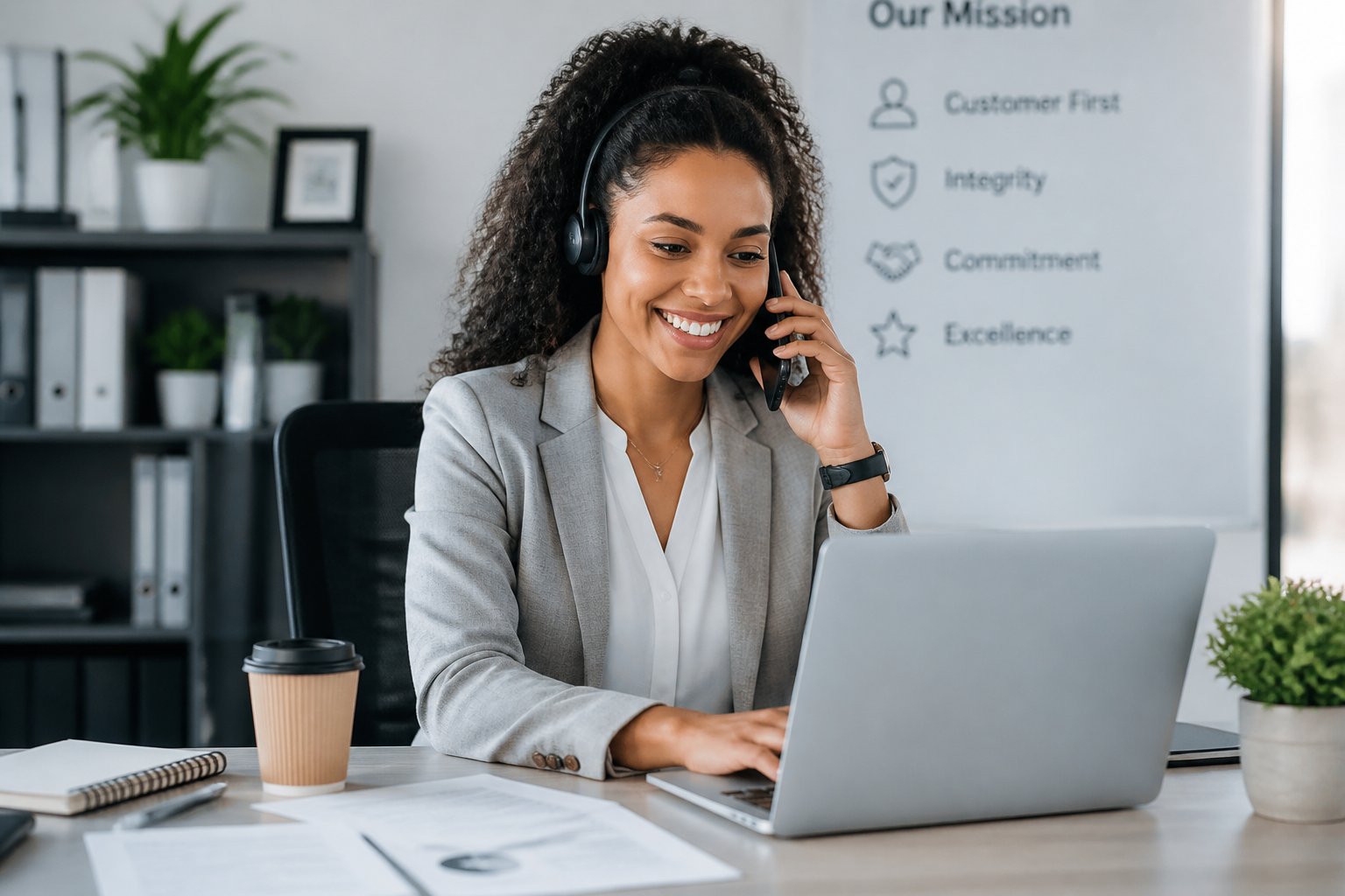 Um representante de atendimento ao cliente sorridente sentado em uma mesa de escritório moderna, usando laptop e smartphone, transmitindo confiança e profissionalismo.