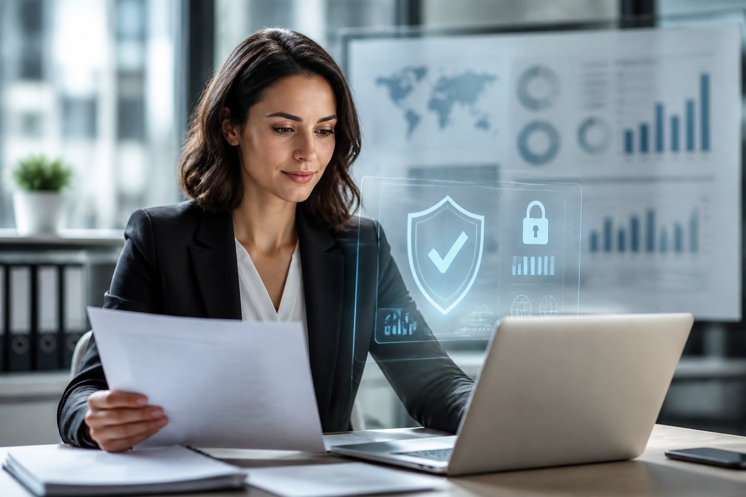 Mulher de negócios analisando documentos e laptop em escritório moderno, transmitindo segurança e confiabilidade.