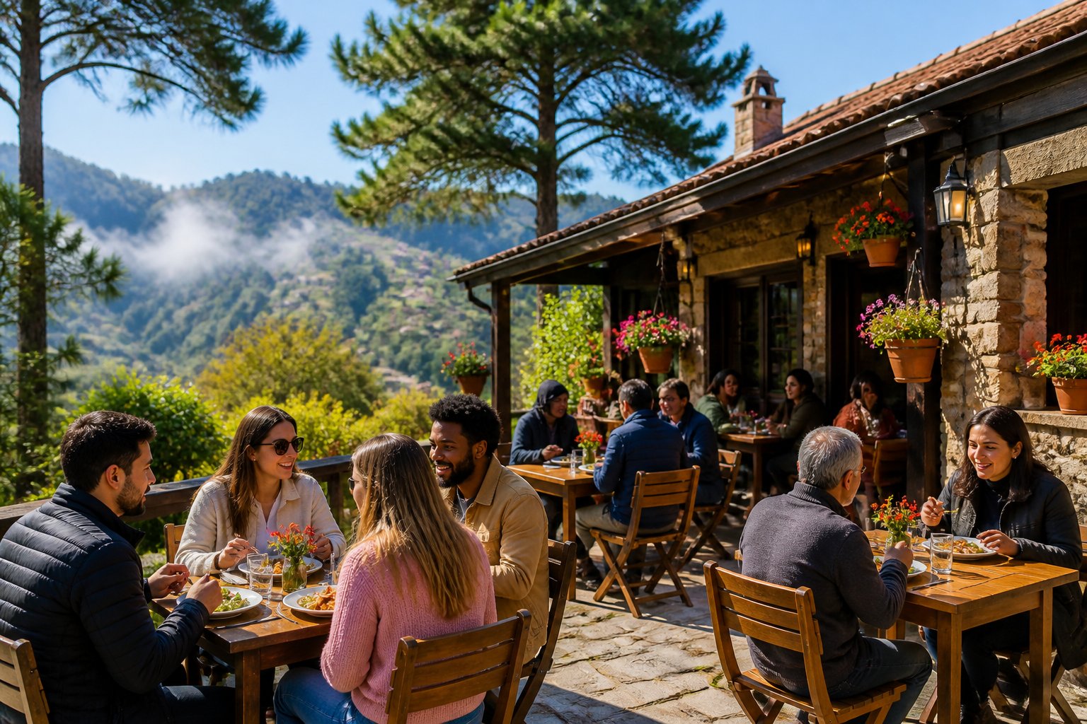 Área externa de um restaurante em Campos do Jordão com mesas de madeira, pessoas comendo e árvores ao redor.