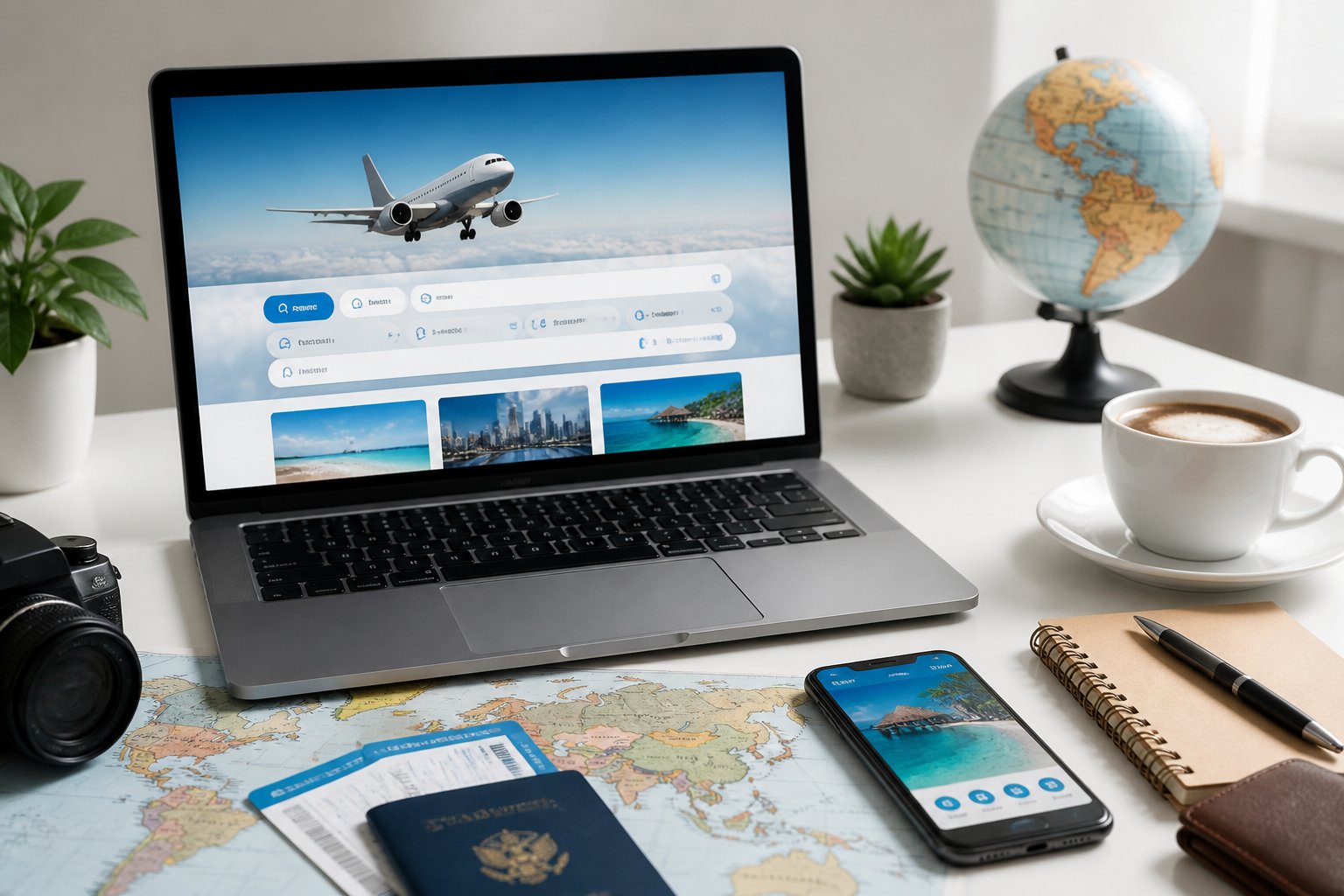 Mesa de trabalho com laptop, smartphone, mapa-múndi, passaporte e bilhetes de avião, representando planejamento de viagens.