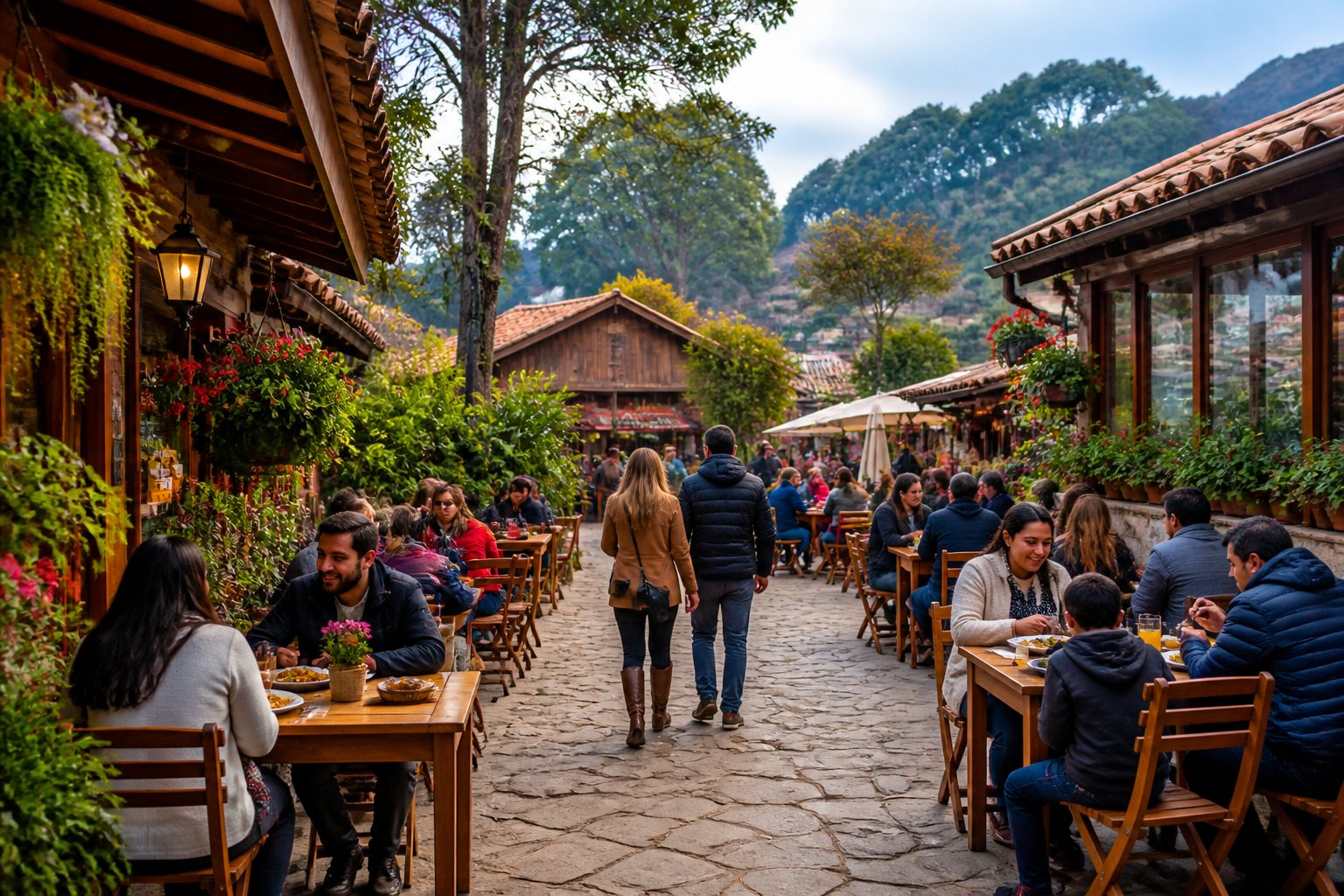 Pessoas comendo em restaurantes ao ar livre em uma rua charmosa de Campos do Jordão com mesas de madeira e vegetação ao redor.