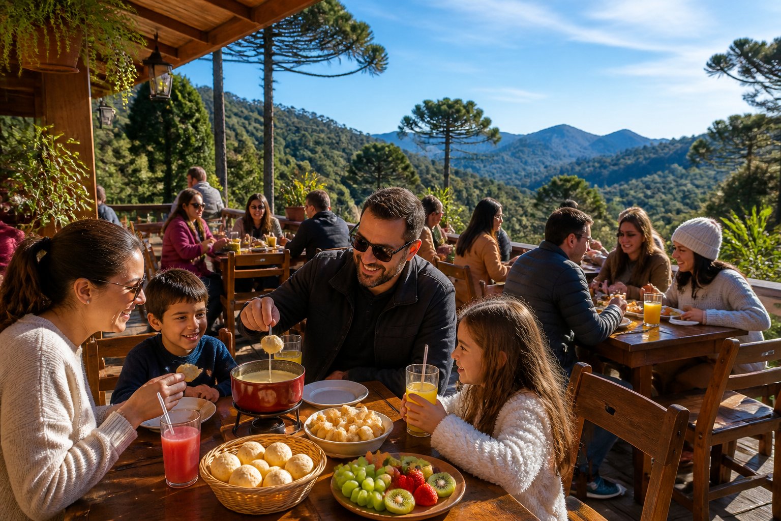 Pessoas aproveitando uma refeição ao ar livre em um restaurante simples cercado por árvores de pinheiro e montanhas em Campos do Jordão.
