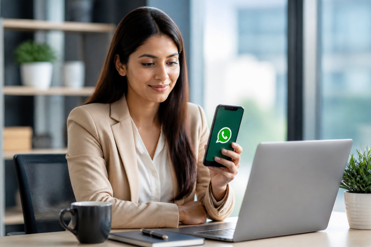 Mulher jovem sentada em uma mesa moderna, segurando um smartphone e conversando via WhatsApp em um ambiente de escritório claro e organizado.