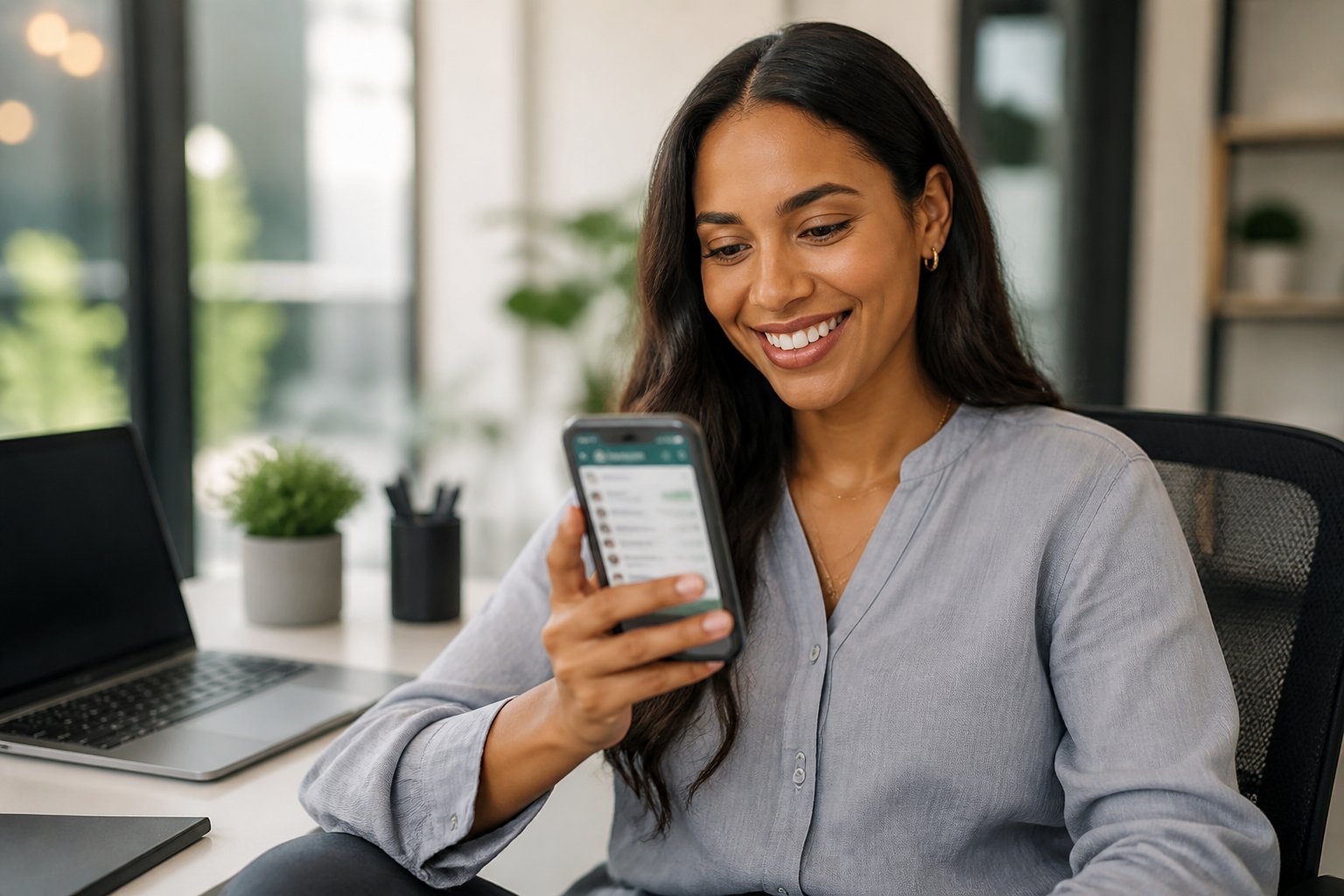 Mulher jovem usando smartphone para falar com atendimento do banco em ambiente de escritório moderno e iluminado.