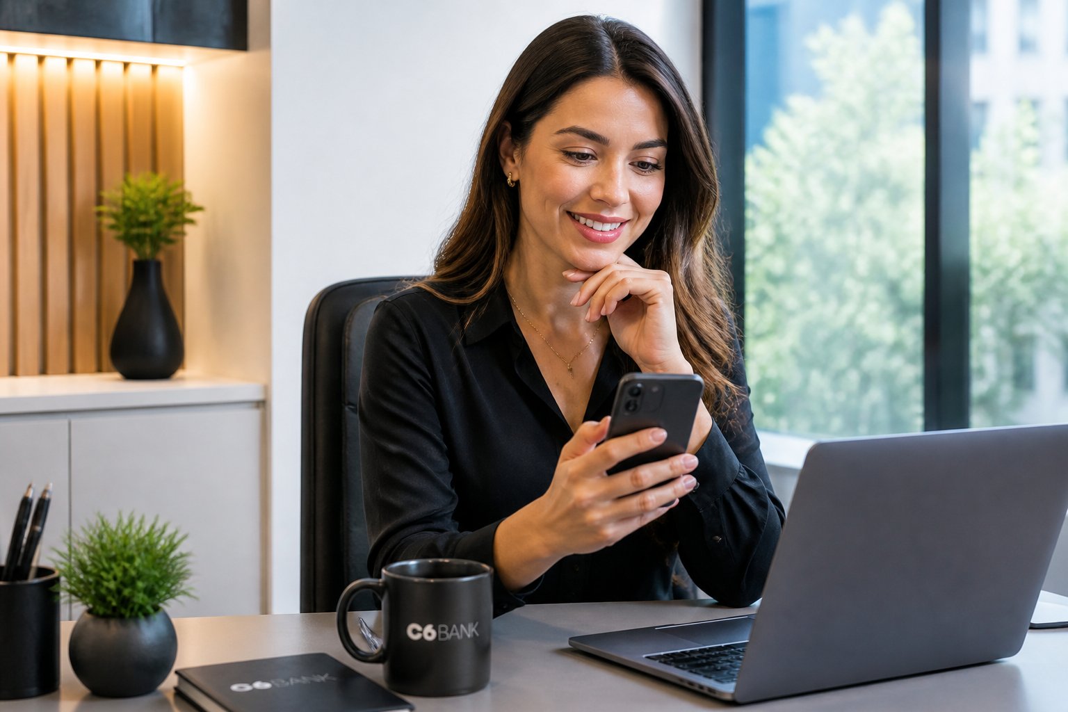 Mulher jovem usando smartphone e laptop, conversando com atendente do banco em ambiente de escritório moderno e iluminado.