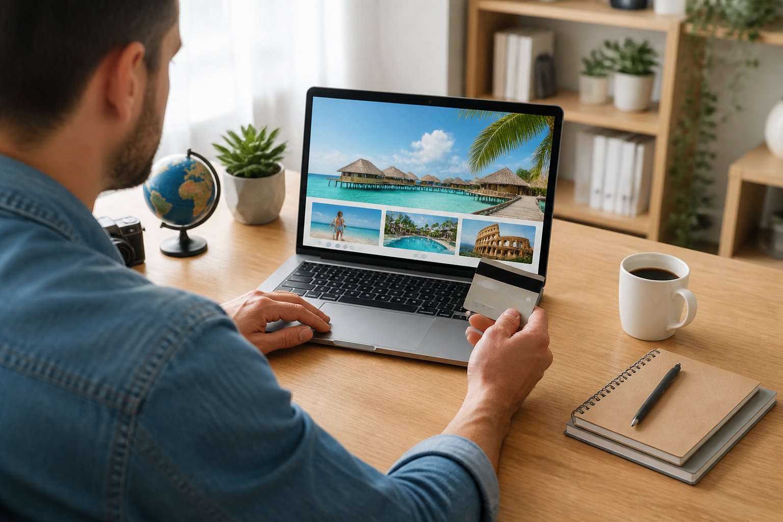 Pessoa usando laptop em uma mesa moderna com cartão de crédito na mão, olhando para um site de reservas de viagem.