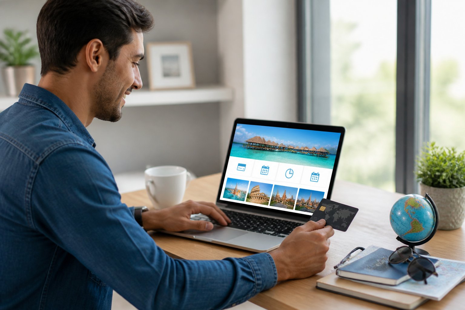 Pessoa usando um laptop em uma mesa com itens de viagem, como passaporte e óculos, em um ambiente iluminado e organizado.