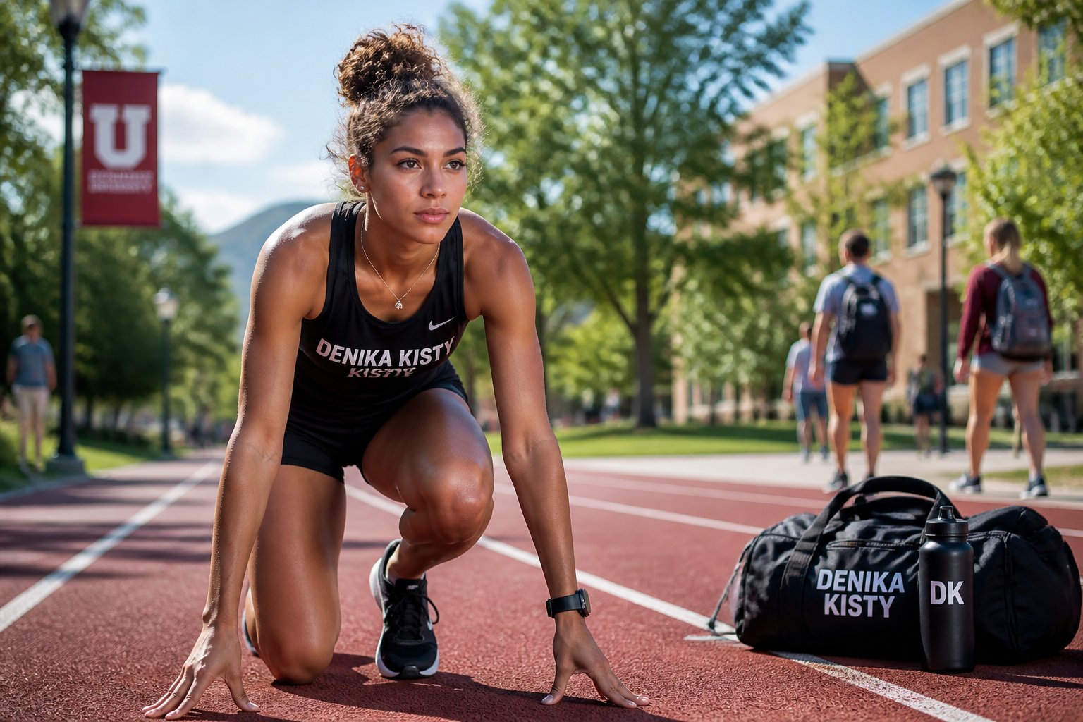 Jovem atleta feminina correndo em uma pista ao ar livre em um campus universitário, com árvores e prédios ao fundo.