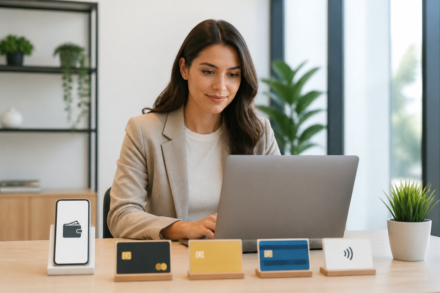 Mulher jovem usando laptop em um escritório moderno, com ícones sutis de métodos de pagamento ao redor, simbolizando opções de parcelamento online.