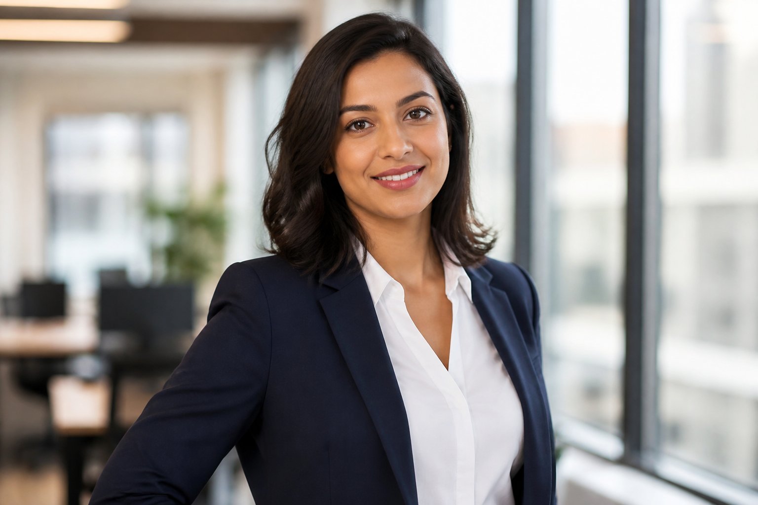Mulher confiante com cabelo escuro e roupa formal em escritório moderno com luz natural.