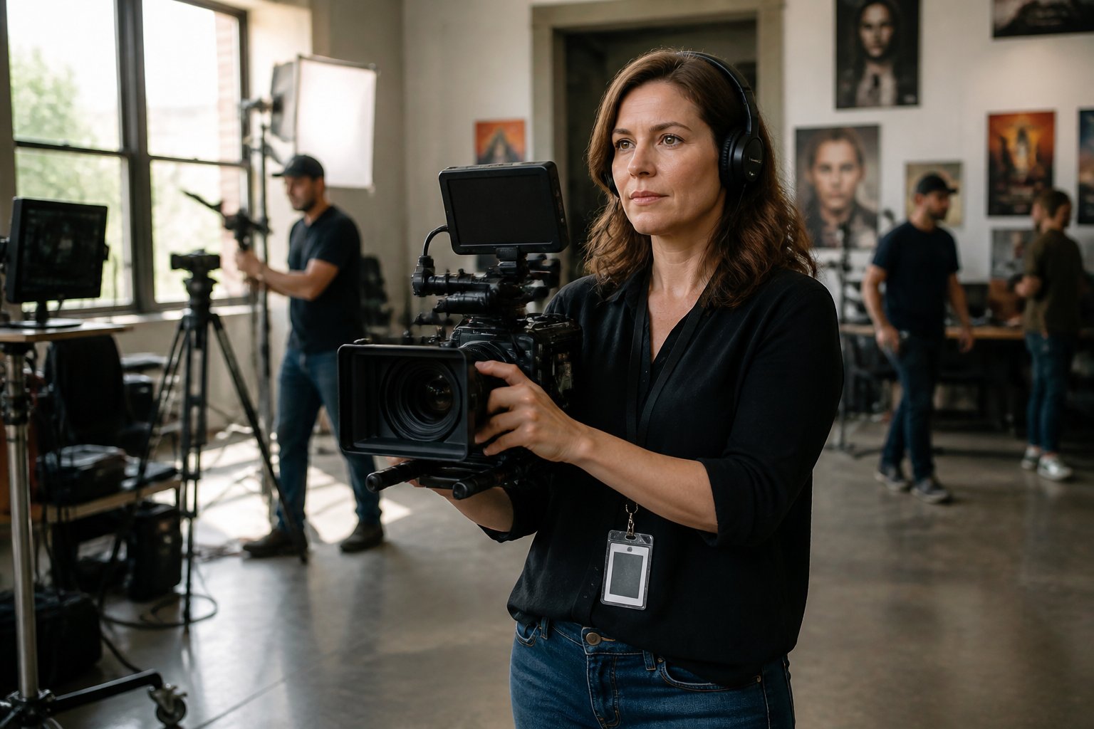Mulher segurando uma câmera de vídeo em um estúdio de filmagem com equipamentos e pessoas ao fundo.