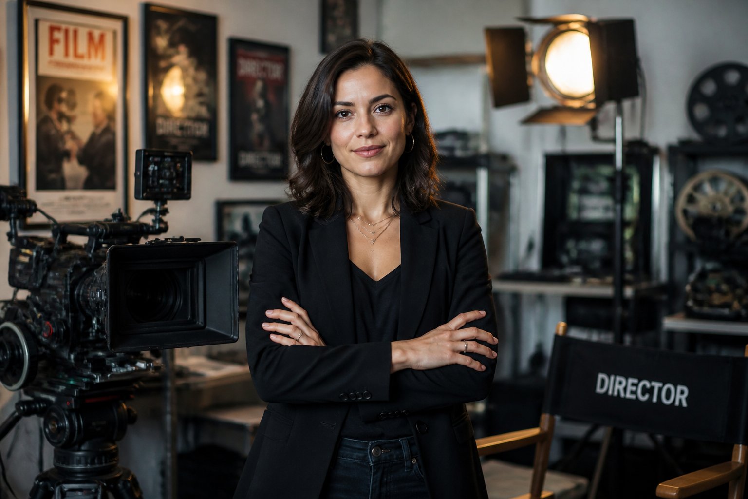 Mulher jovem e confiante em um estúdio de cinema moderno, cercada por equipamentos de filmagem e pôsteres de filmes.