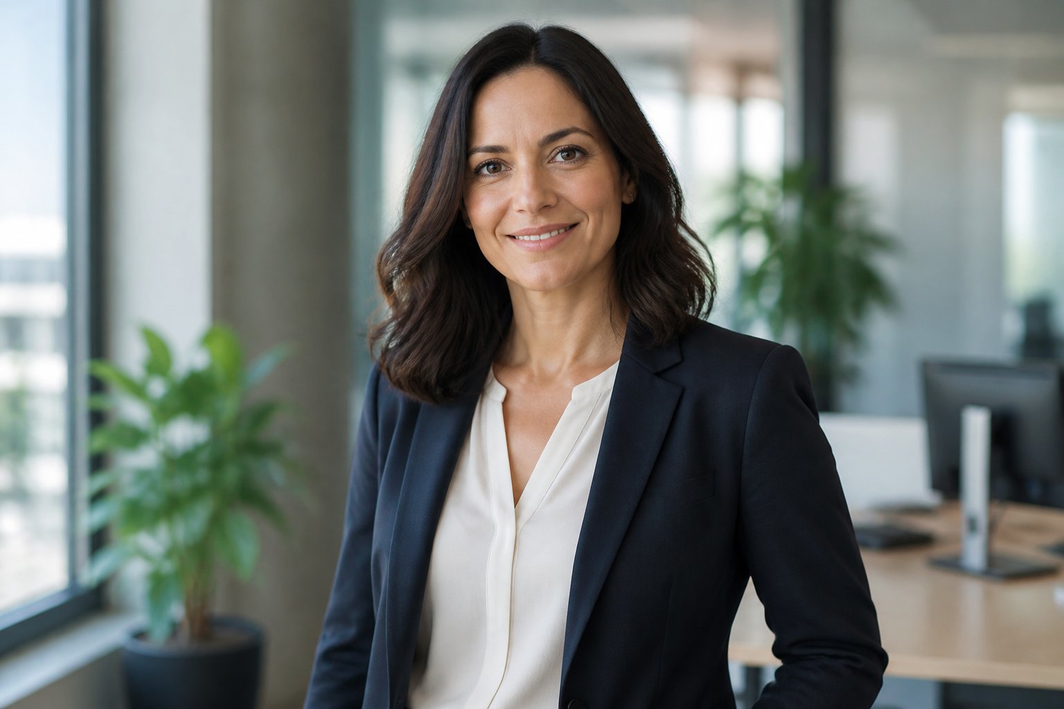 Mulher profissional sorrindo, vestindo roupa de negócios, em um ambiente de escritório moderno e iluminado.