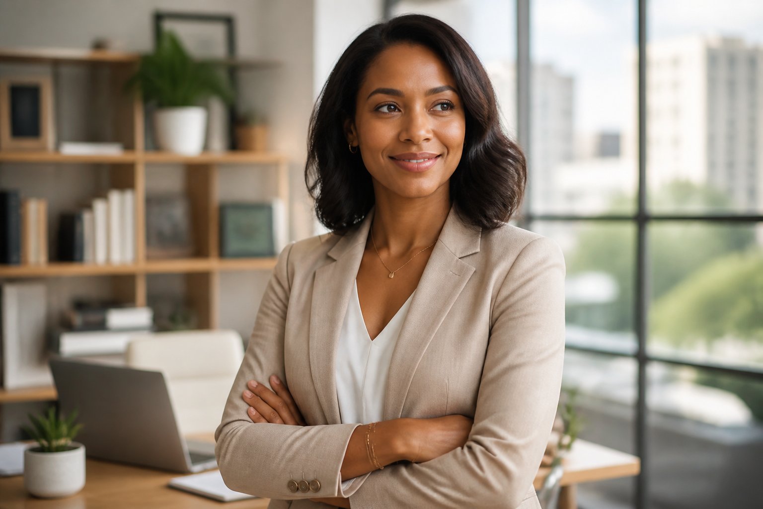 Mulher confiante em ambiente de escritório moderno, sorrindo e transmitindo crescimento pessoal e profissional.