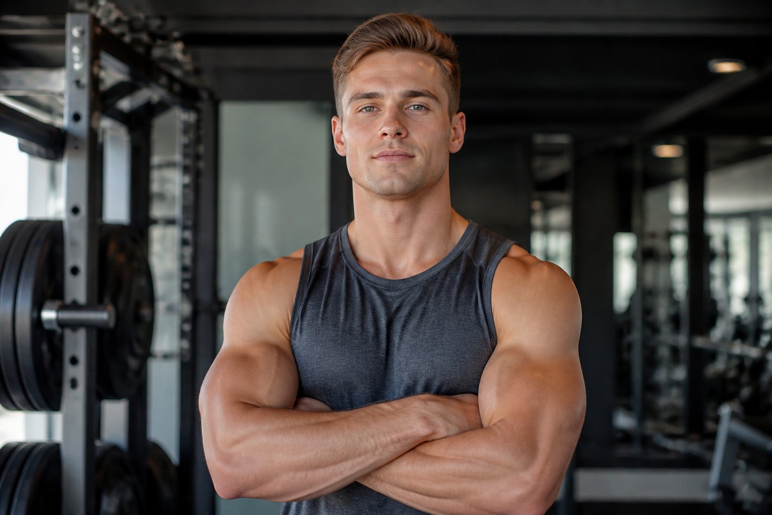 Homem jovem e musculoso em uma academia moderna, com expressão confiante e braços cruzados.