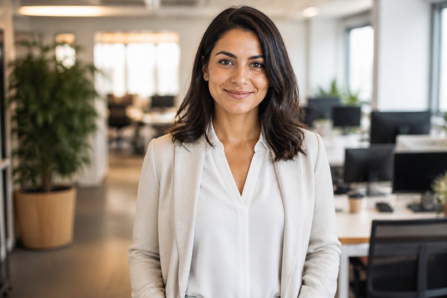 Mulher confiante em um escritório moderno, sorrindo e olhando para a câmera.