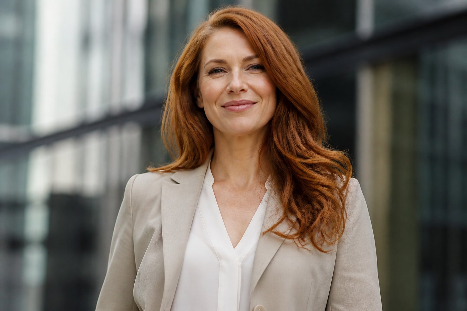 Mulher elegante e confiante com cabelo longo e ondulado, vestindo roupa de negócios moderna, em um ambiente urbano desfocado ao fundo.