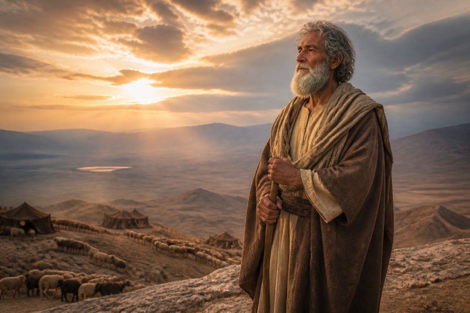 Homem idoso de barba grisalha, vestido com túnica, contempla uma paisagem desértica ao nascer do sol.