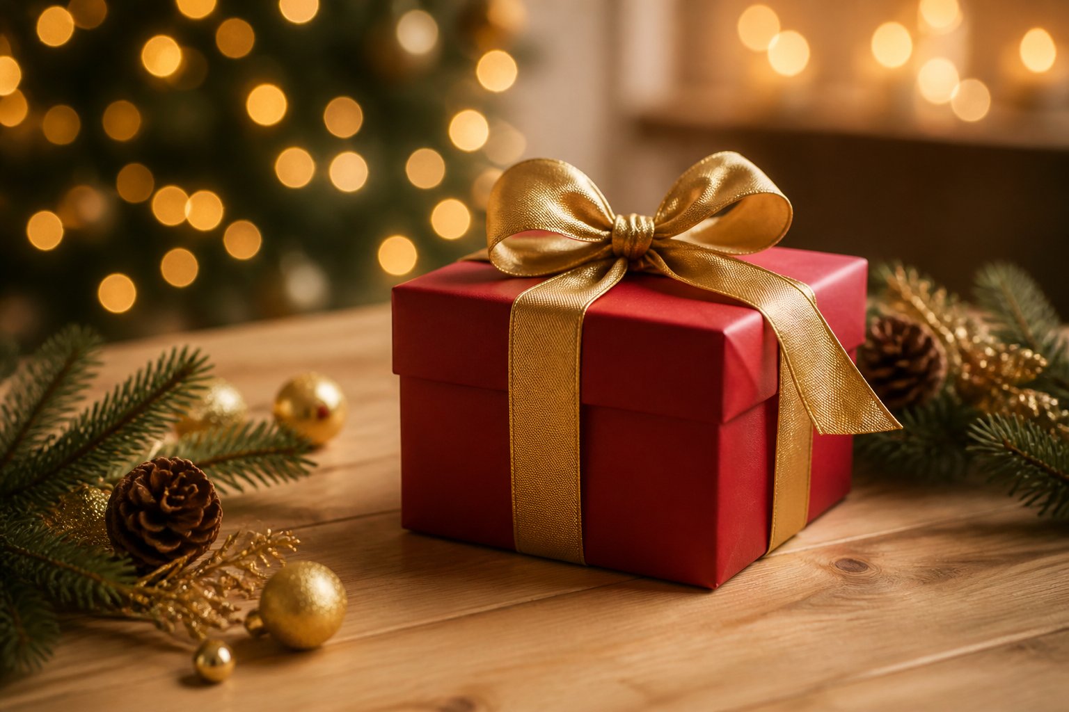 Presente de Natal elegantemente embrulhado sobre uma mesa, cercado por elementos natalinos e luzes aconchegantes.
