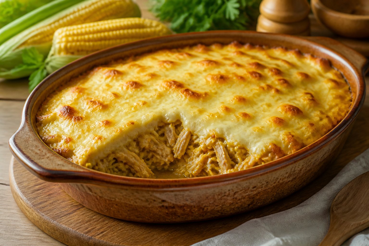 Travessa de galinha escabelada com frango desfiado, creme de milho e queijo gratinado.